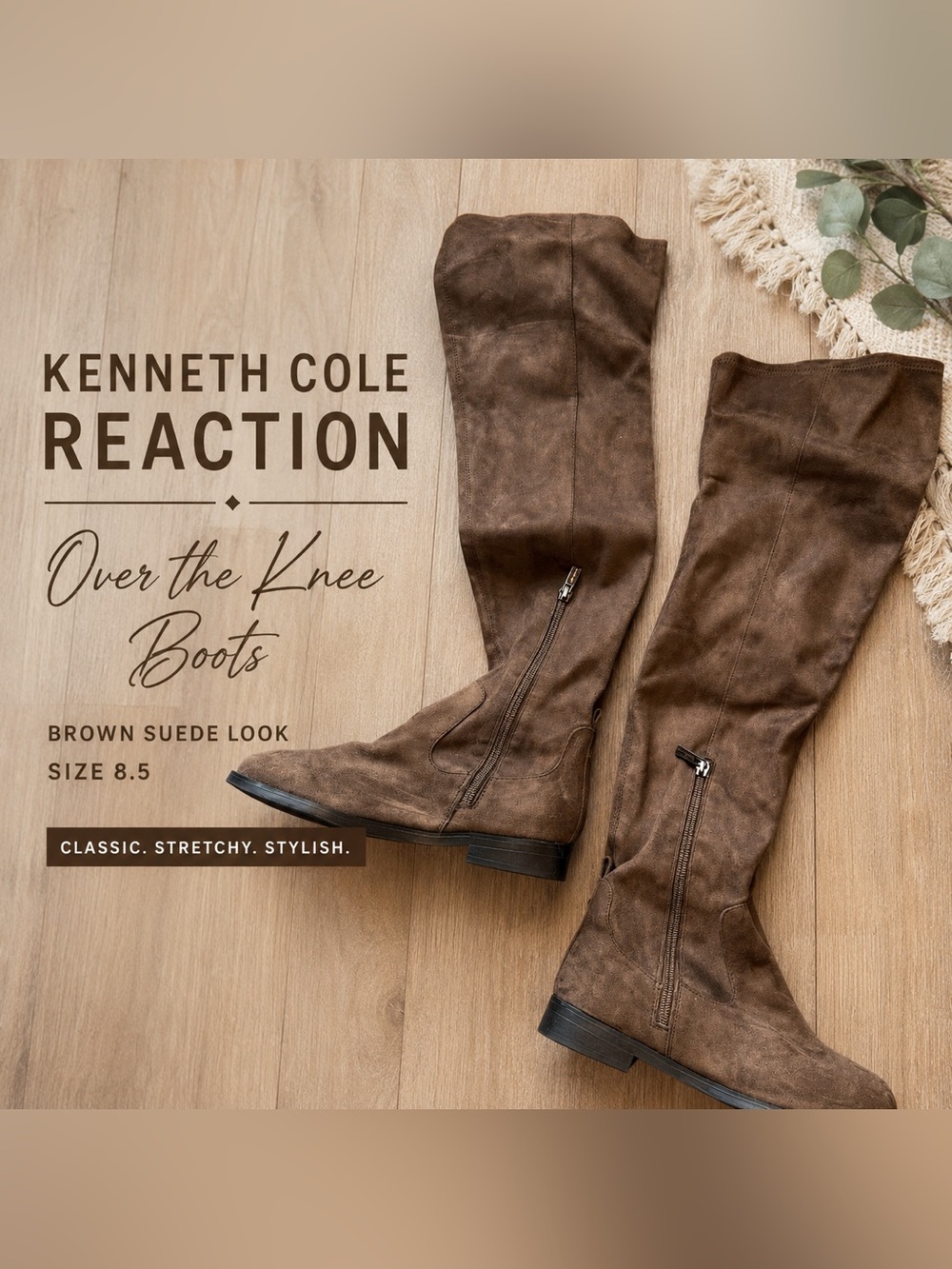 Kenneth Cole Reaction Brown Suede Over The Knee Stretch Boots Size 8.5